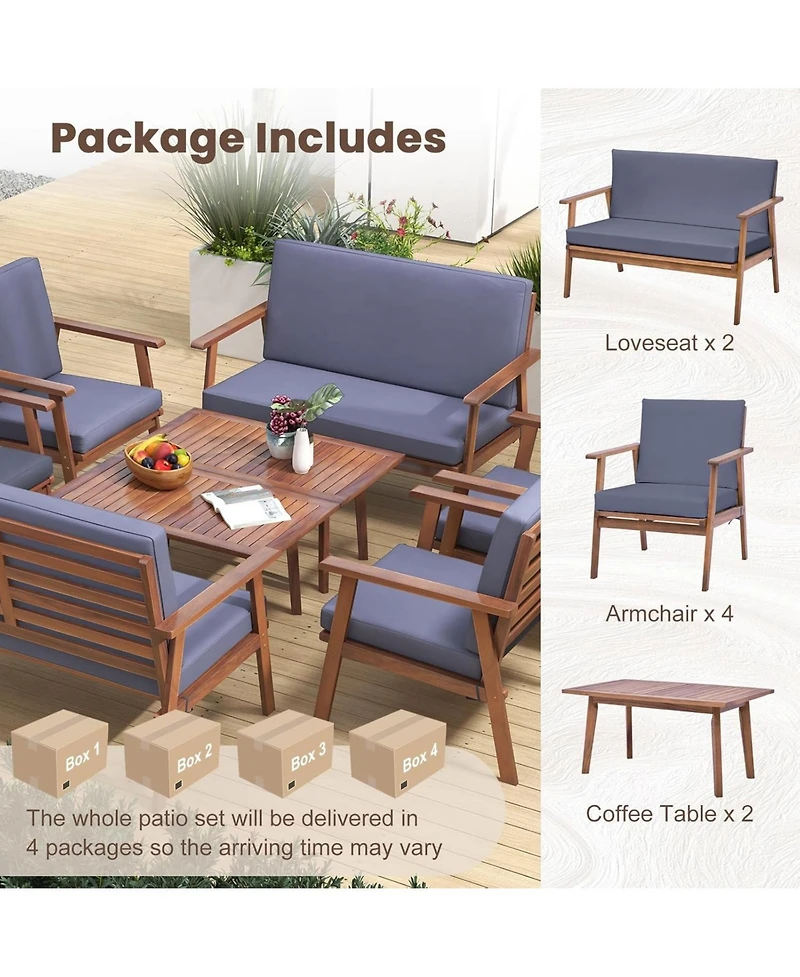 Gymax 8 Piece Patio Conversation Set Acacia Wood Sofa w/ Cushions & Coffee Table