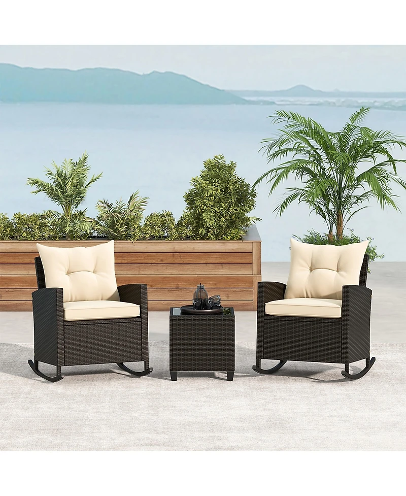 Gymax 3 Piece Outdoor Rocking Set Rattan Rocking Chair Set w/ Tempered Glass Table Seat