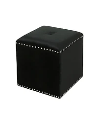 Velvet Upholstered Square Ottoman with Tufted Top and Studded Trim for Living Room or Bedroom Seating-The Pop Home