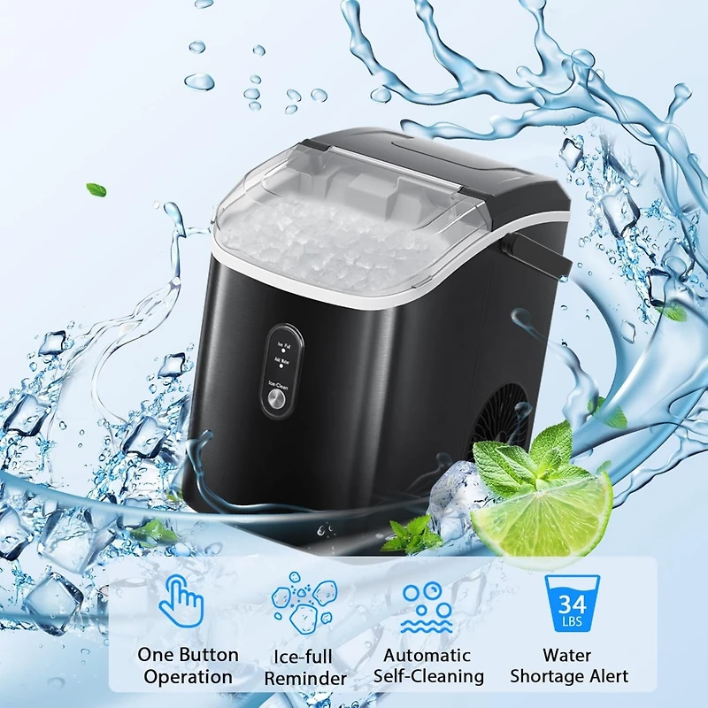 Zafro Nugget Ice Maker Countertop with Handle, 35Lbs/24Hrs,7 Mins Fast Making, Stainless Steel Pellet Basket/Ice Scoop for Home