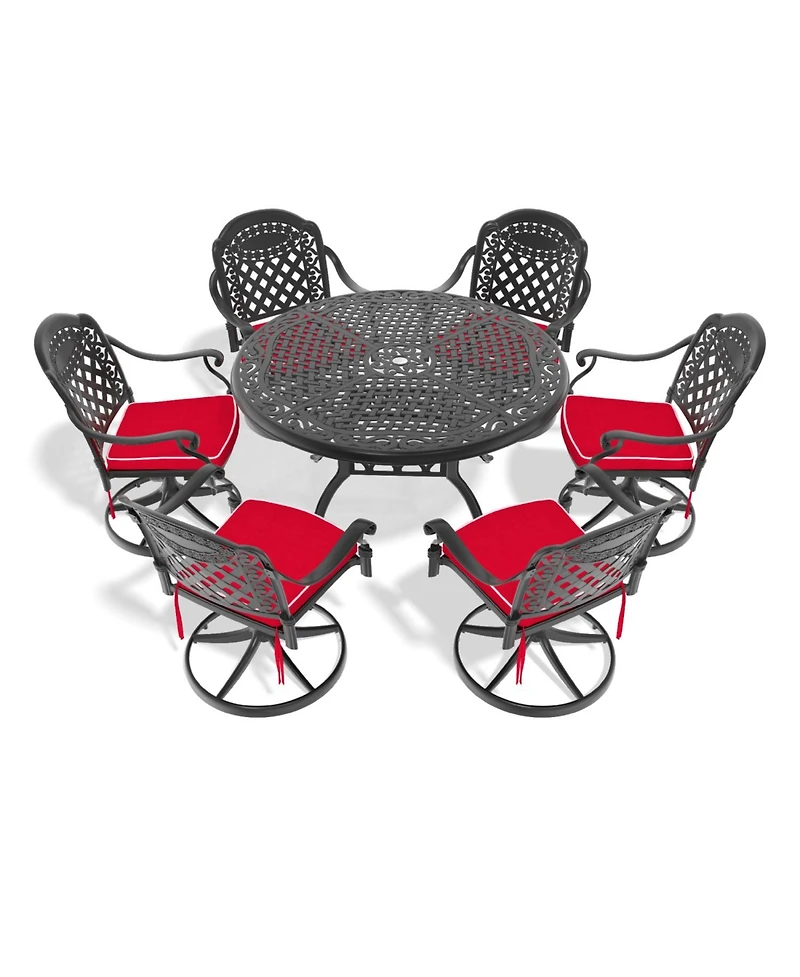 Streamdale 7-pc Cast Aluminum Dining Set, 6 Swivel Chairs, 48" Round Table, Black Frame