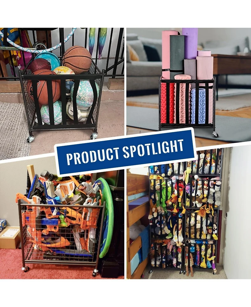 Mythinglogic 44 lbs Weight Capacity Rolling Sports Ball Storage Cart with Elastic Straps