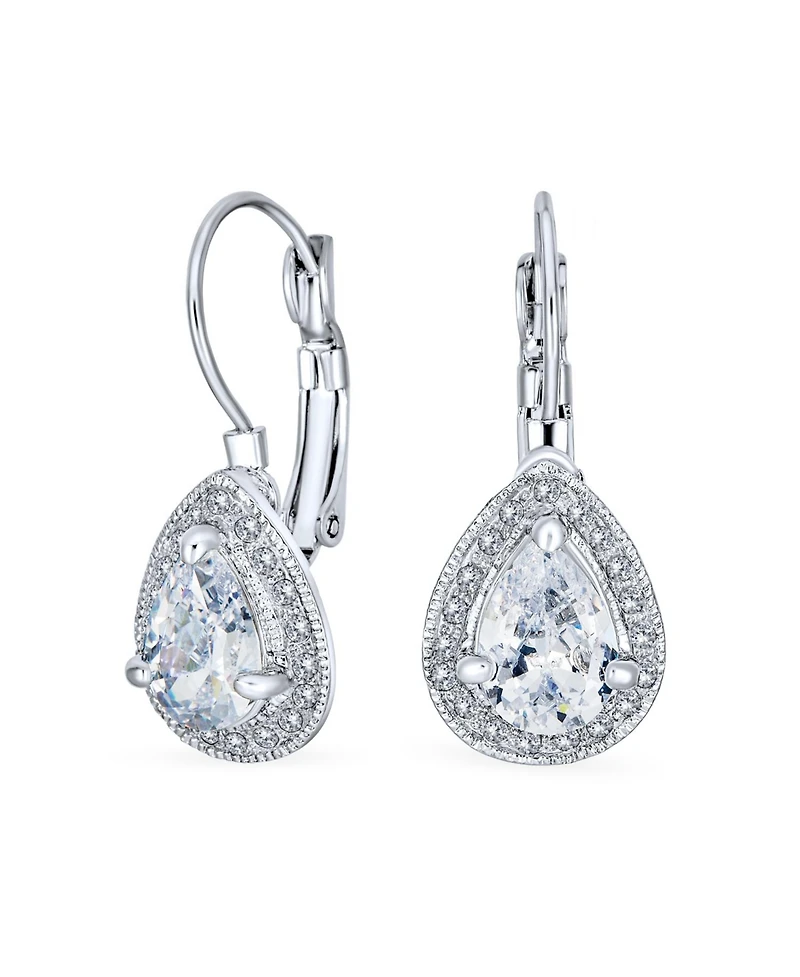 Bling Jewelry 2.25CT Cubic Zirconia Crystal Halo Teardrop Solitaire Cz Lever Back Earrings Silver Plated Alloy