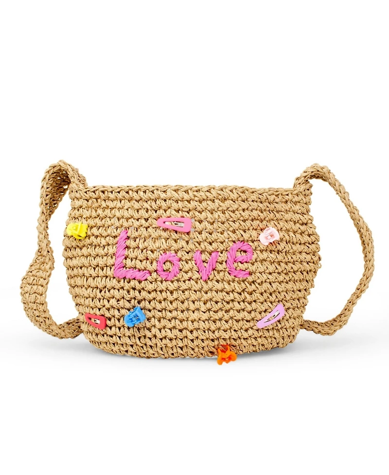 Tiny Treats + Zomi Gems Girls Wicker Crossbody Message Charm Tote, Hot Pink "Love"