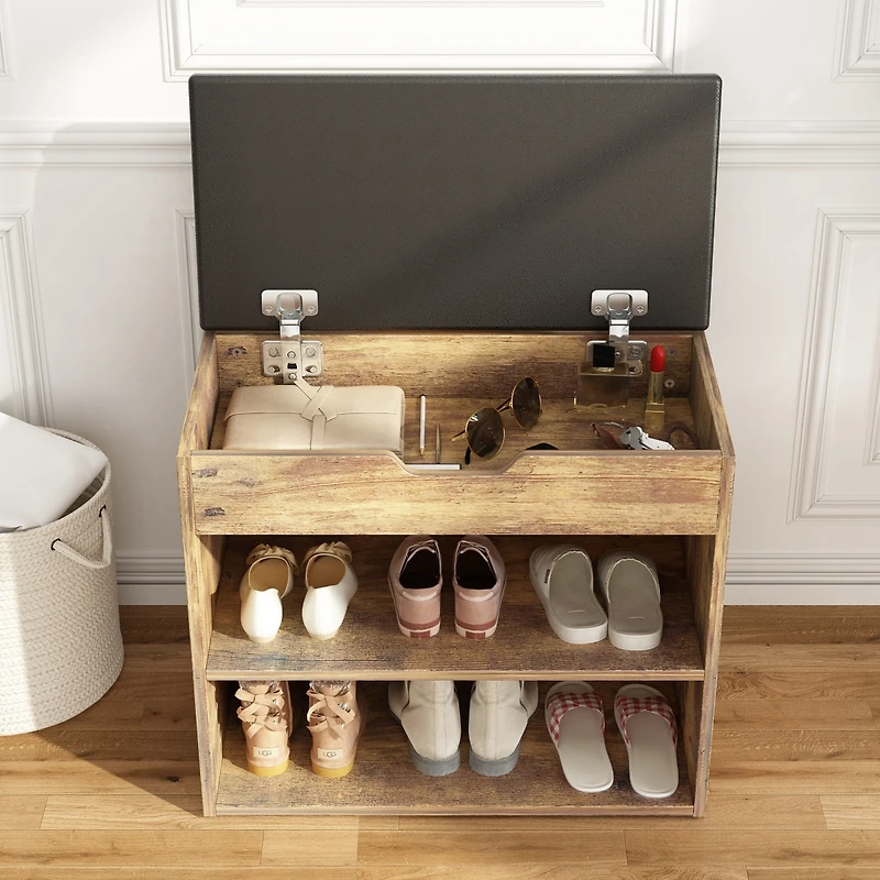 shoe Bench with shelves, natural wooden rack 3 storage compartments, Entryway