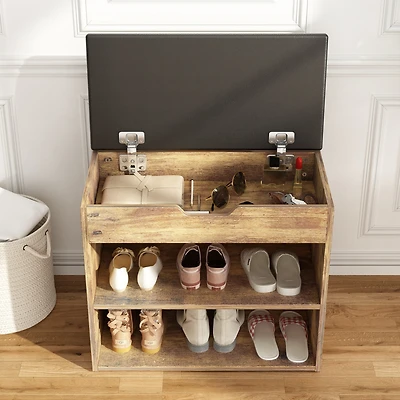 shoe Bench with shelves, natural wooden rack 3 storage compartments, Entryway