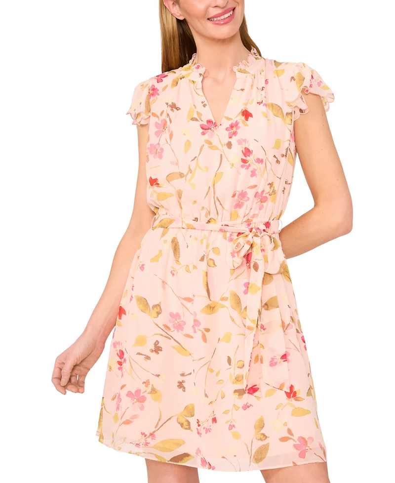 CeCe Women's Scallop Flutter-Sleeve Tie-Waist Mini Dress
