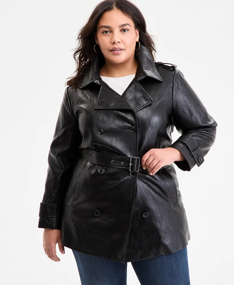 Bcbgmaxazria Plus Double-Breasted Faux-Leather Belted Trench Coat