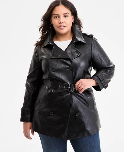 Bcbgmaxazria Plus Double-Breasted Faux-Leather Belted Trench Coat