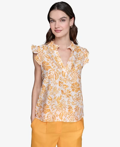 Karl Lagerfeld Paris Women's Printed Split-Neck Flutter-Sleeve Blouse