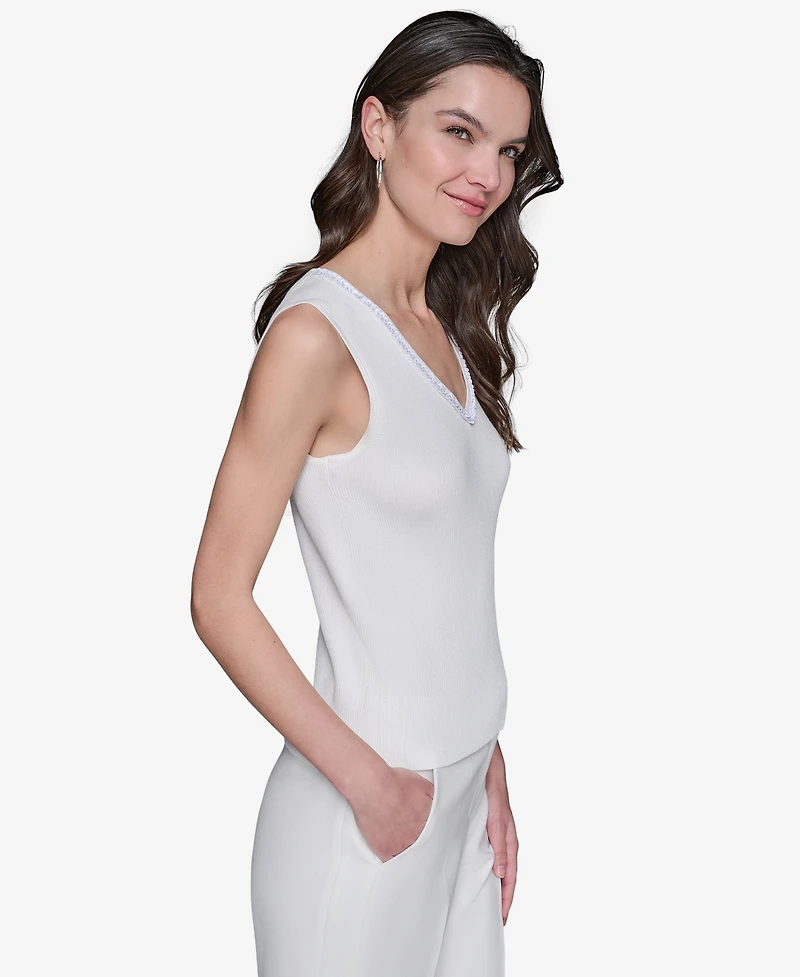 Karl Lagerfeld Paris Women's Embellished V-Neck Ribbed Knit Sleeveless Top