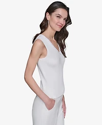 Karl Lagerfeld Paris Women's Embellished V-Neck Ribbed Knit Sleeveless Top