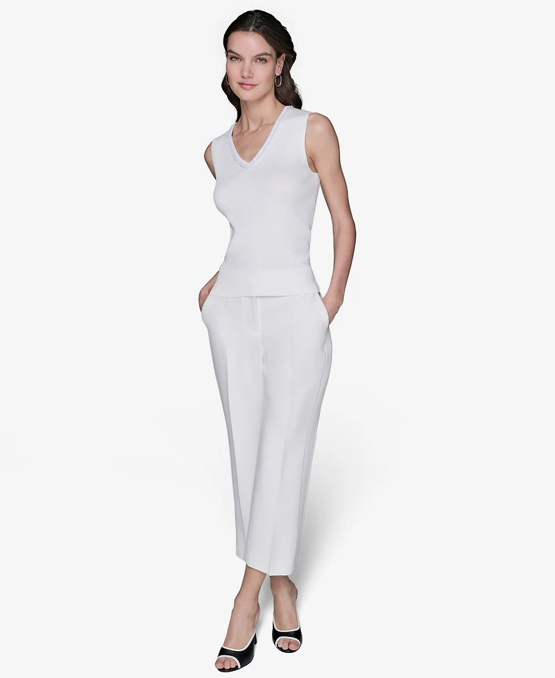 Karl Lagerfeld Paris Women's Embellished V-Neck Ribbed Knit Sleeveless Top