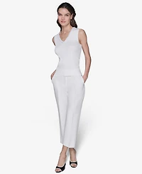 Karl Lagerfeld Paris Women's Embellished V-Neck Ribbed Knit Sleeveless Top