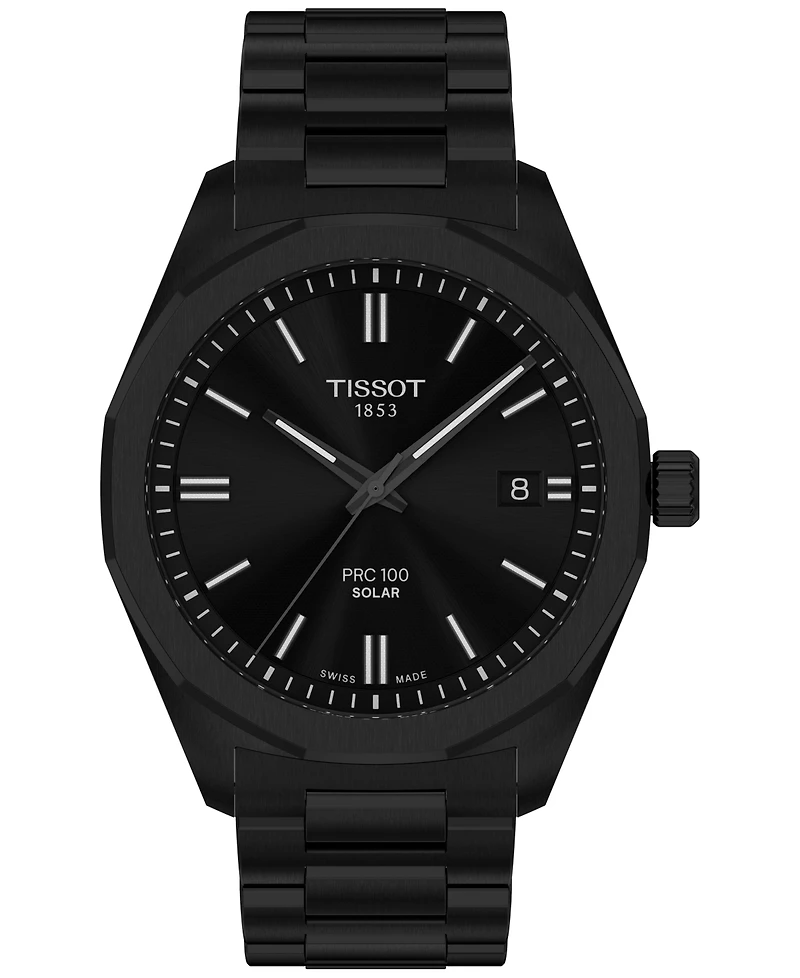 Tissot Men's Swiss Prc 100 Solar Quartz Black-Tone Stainless Steel Bracelet Watch 39mm