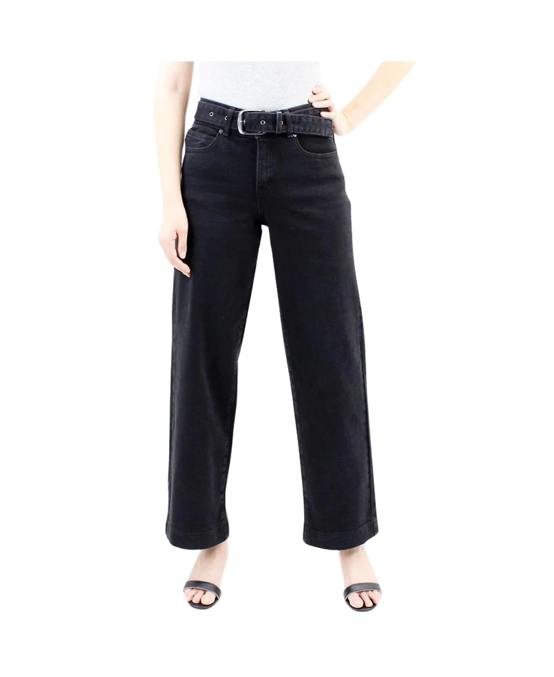 Indigo Poppy Women's Two Botton Tummy Control Wide Leg Black Jeans with Belt