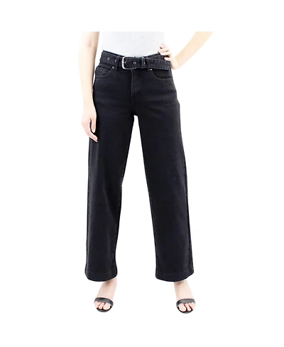Indigo Poppy Women's Two Botton Tummy Control Wide Leg Black Jeans with Belt