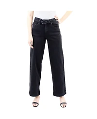 Indigo Poppy Women's Two Botton Tummy Control Wide Leg Black Jeans with Belt
