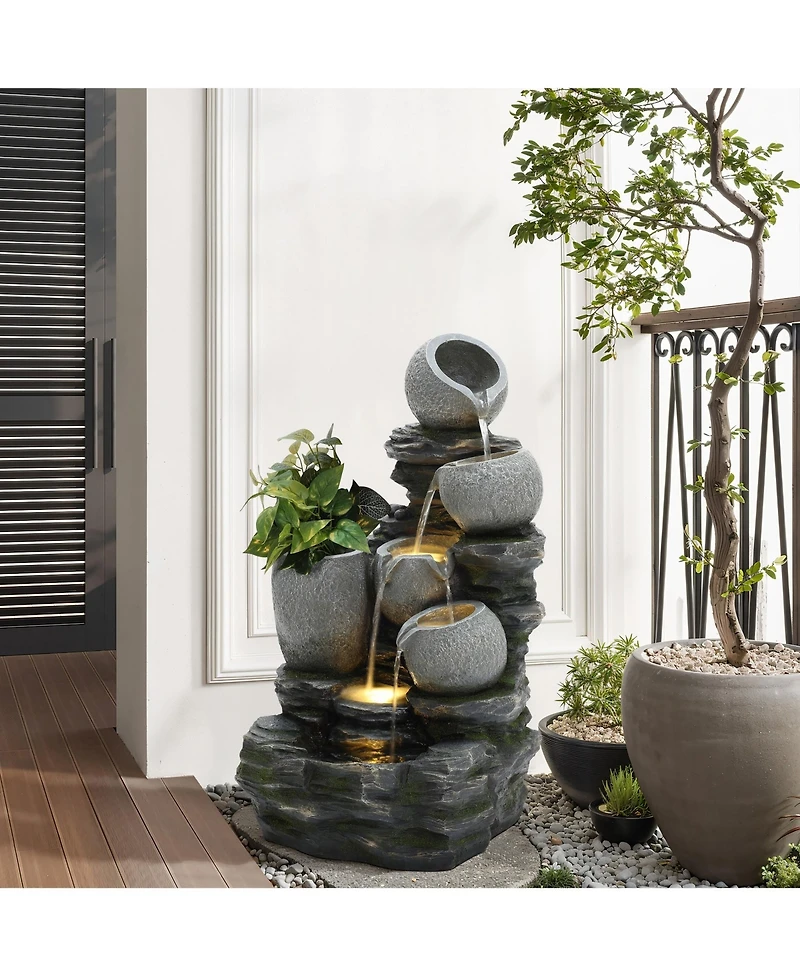 LuxenHome 3-Tier Gray Pots on Stacked Rocks 2.5-Feet Tall Outdoor Polyresin Fountain with Lights and Gray Side Planter