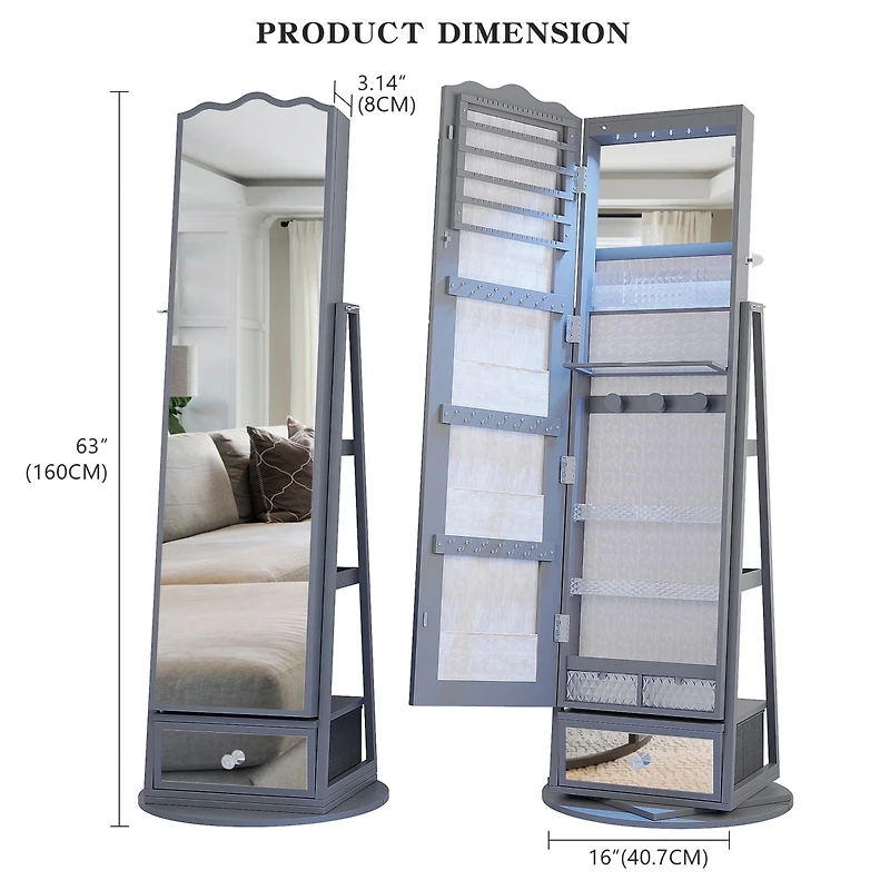 Vlsrka 60° Rotating Full-Length Mirror Jewelry Cabinet with Lights