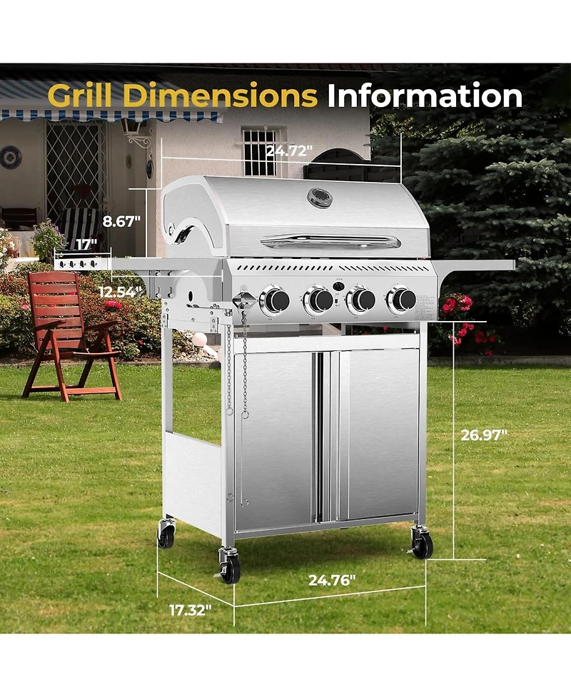 Cowsar 4-Burner Gas Bbq Grill, Astm 304 Stainless Steel Propane Grill with 32000 Btu, Outdoor Grill with Top Cover Lid,Wheels,Side Storage Shelves for