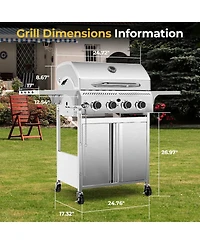 Cowsar 4-Burner Gas Bbq Grill, Astm 304 Stainless Steel Propane Grill with 32000 Btu, Outdoor Grill with Top Cover Lid,Wheels,Side Storage Shelves for