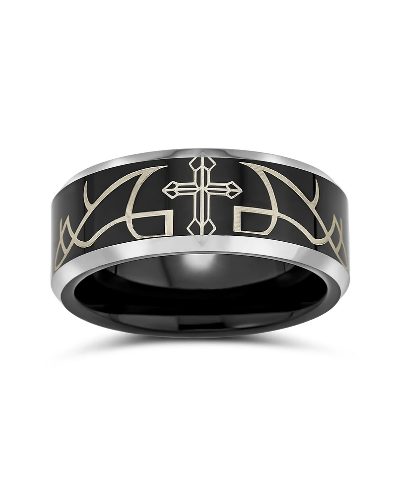 Bling Jewelry Laser Etched Catholic Religious Black Christ Thorn Cross Titanium Band Ring Comfort Fit