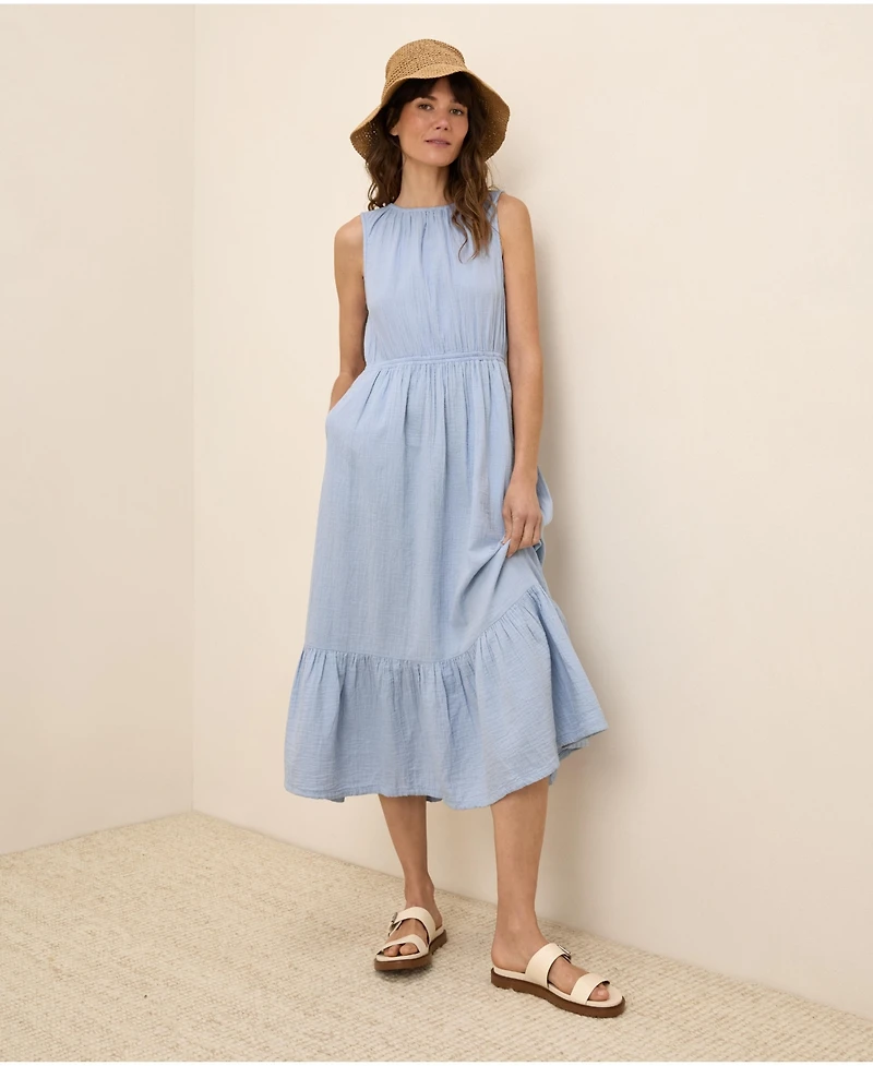 Pact Women's Organic Cotton Coastal Double Gauze Tiered Midi Dress