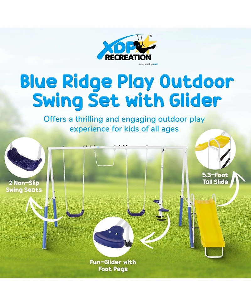 Xdp Recreation Blue Ridge Play Outdoor Swing Set with Glider, 2 Swings & Slide