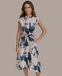 Donna Karan New York Women's Sleeveless Collarless Crew-neck Printed Tie-front Midi Dress