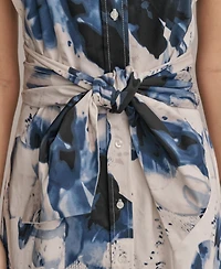 Donna Karan New York Women's Sleeveless Collarless Crew-neck Printed Tie-front Midi Dress