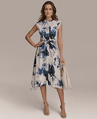 Donna Karan New York Women's Sleeveless Collarless Crew-neck Printed Tie-front Midi Dress