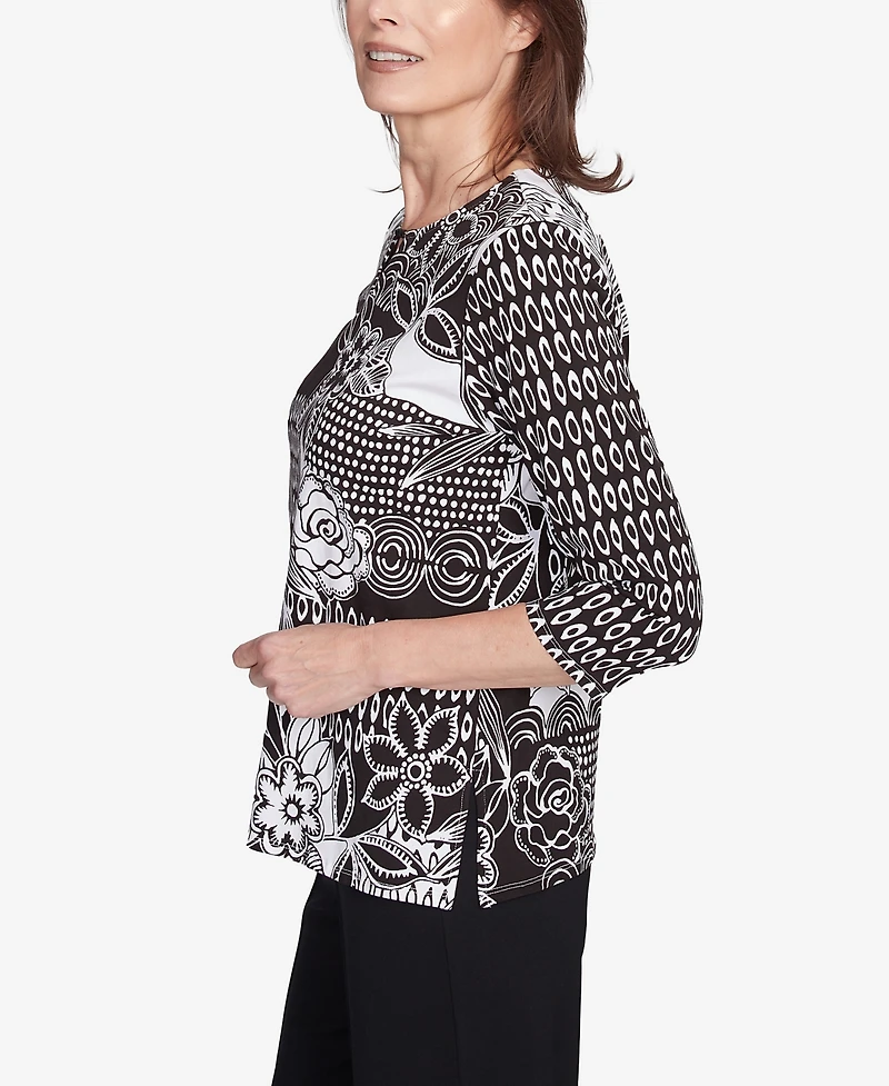 Alfred Dunner Women's Natural Instinct Monotone Patch Beaded Split Neck Top