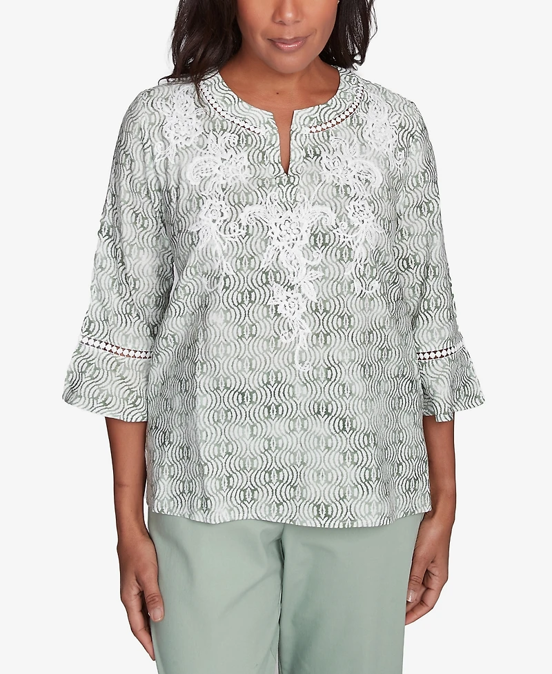 Alfred Dunner Women's Santa Fe Embroidered Geometric Flare Sleeve Top