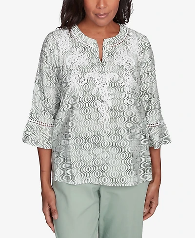 Alfred Dunner Women's Santa Fe Embroidered Geometric Flare Sleeve Top