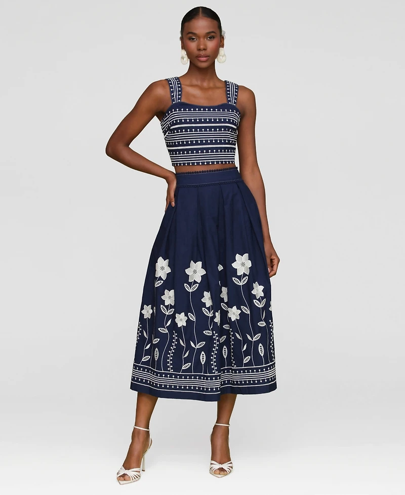 Avec Les Filles Women's Cotton Embroidered Midi Skirt