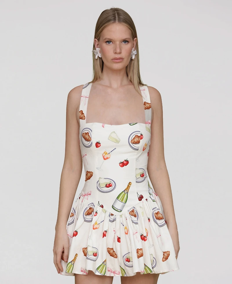 Avec Les Filles Women's Printed Drop-Waist Flounce Romper Dress