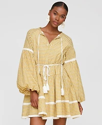 Avec Les Filles Women's Cotton Lemon-Print Split-Neck Prairie Mini Dress