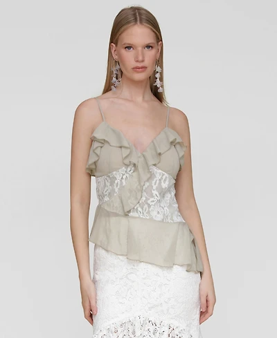 Avec Les Filles Women's Ruffle Lace-Panel Asymmetric Top