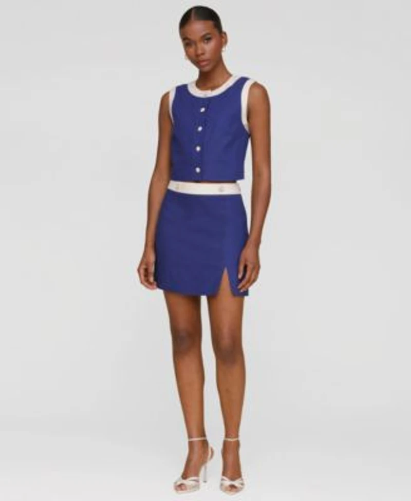 Avec Les Filles Womens Sleeveless Button Front Top Side Slit Miniskirt