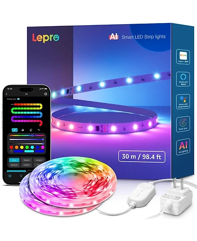 Lepro S1 Ai Smart Rgb Led Strip Lights, 100ft (2 Rolls of 50ft), Ic and Rainbow Chasing Effects, for Party Holiday Room Decor, 2.4G Wi-Fi & Bluetooth