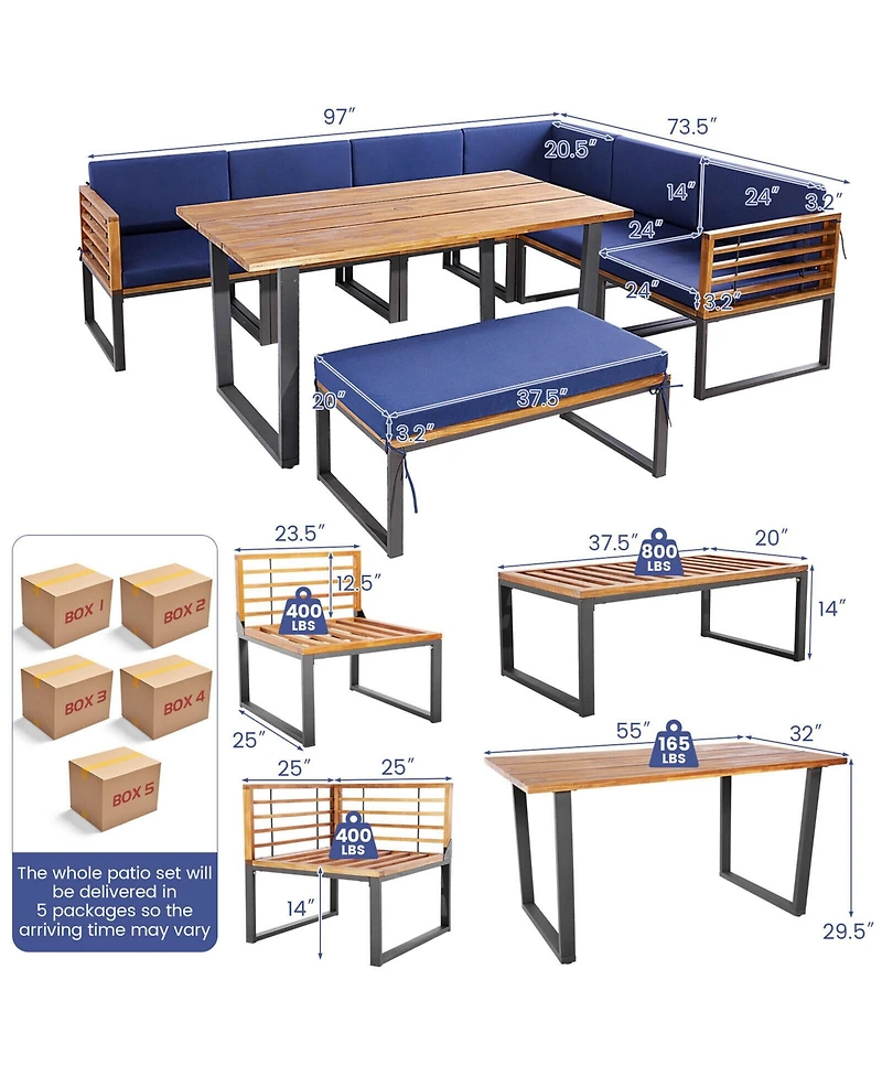 Gymax 8PCS Patio Dining Set Acacia Wood L Shaped Sectional Sofa Set w/ Navy Cushions