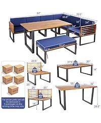Gymax 8PCS Patio Dining Set Acacia Wood L Shaped Sectional Sofa Set w/ Navy Cushions