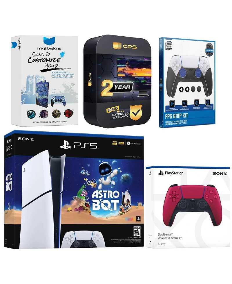 Sony PlayStation 5 Slim Digital Astro Bot Bundle with Extra Volcanic Red Controller, Fps Grip Kit, MightySkins Code and 2 Year Extended Warranty