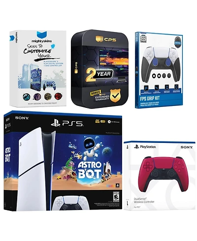 Sony PlayStation 5 Slim Digital Astro Bot Bundle with Extra Volcanic Red Controller, Fps Grip Kit, MightySkins Code and 2 Year Extended Warranty