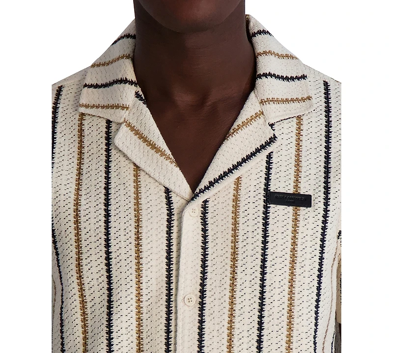 Karl Lagerfeld Paris Men's Short Sleeve Textured Striped Button-Front Camp Shirt
