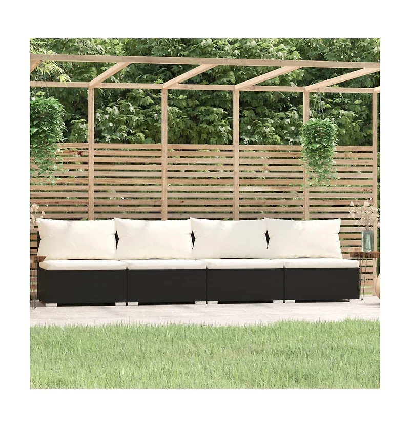 4 Seater Sofa with Cushions Black Poly Rattan