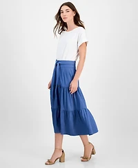 T Tahari Women's Mixed-Media Tiered Fit & Flare Dress