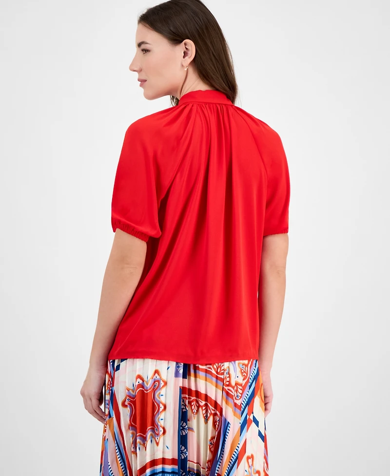 T Tahari Women's Solid-Color Georgette Split-Neck Blouse