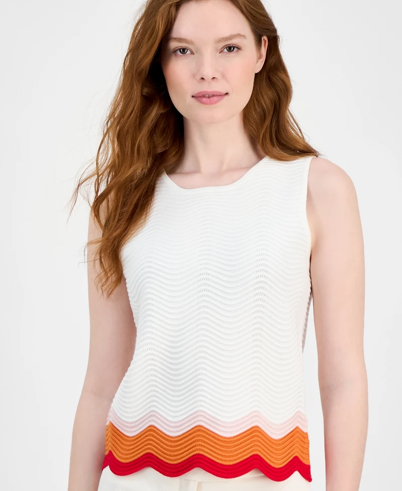 T Tahari Women's Crewneck Striped-Hem Sleeveless Sweater